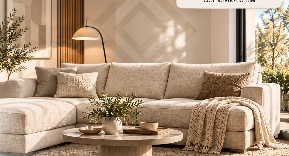 Salón acogedor con sofá moderno en tonos beige